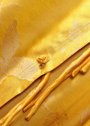Vintage Yellow Stand Collar button Jacquard Silk tops Spring