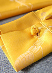 Vintage Yellow Stand Collar button Jacquard Silk tops Spring