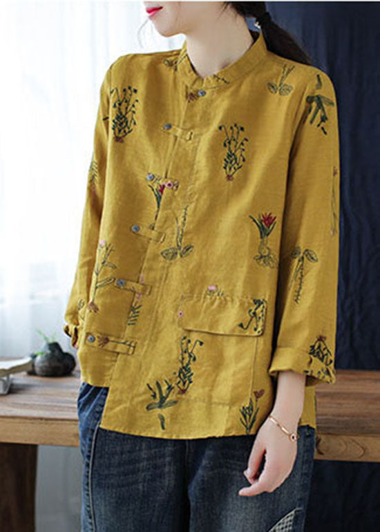 Vintage Yellow asymmetrical design Button Linen Blouses top Long Sleeve