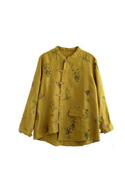 Vintage Yellow asymmetrical design Button Linen Blouses top Long Sleeve