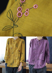 Vintage Yellow asymmetrical design Button Linen Blouses top Long Sleeve