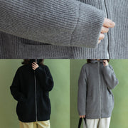 Vintage black Loose fitting winter zippered knit outwear - SooLinen