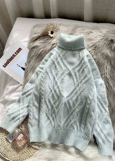 Vintage blue clothes warm casual high neck knitwear - SooLinen