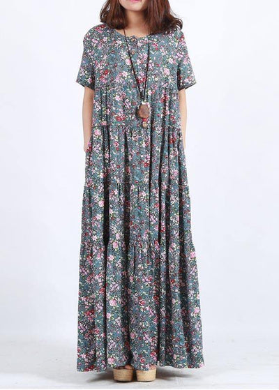 Vivid Blue Print Clothes O Neck Patchwork Maxi Summer Dress - SooLinen