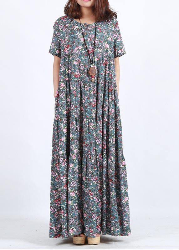 Vivid Blue Print Clothes O Neck Patchwork Maxi Summer Dress - SooLinen