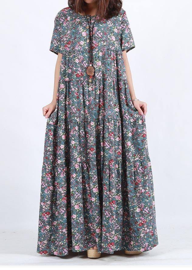 Vivid Blue Print Clothes O Neck Patchwork Maxi Summer Dress - SooLinen