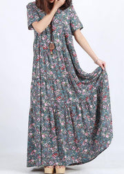 Vivid Blue Print Clothes O Neck Patchwork Maxi Summer Dress - SooLinen