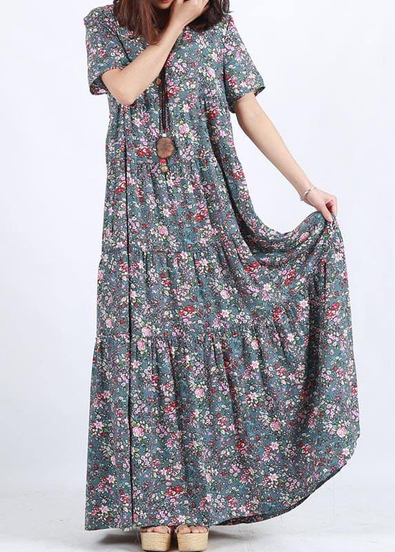 Vivid Blue Print Clothes O Neck Patchwork Maxi Summer Dress - SooLinen