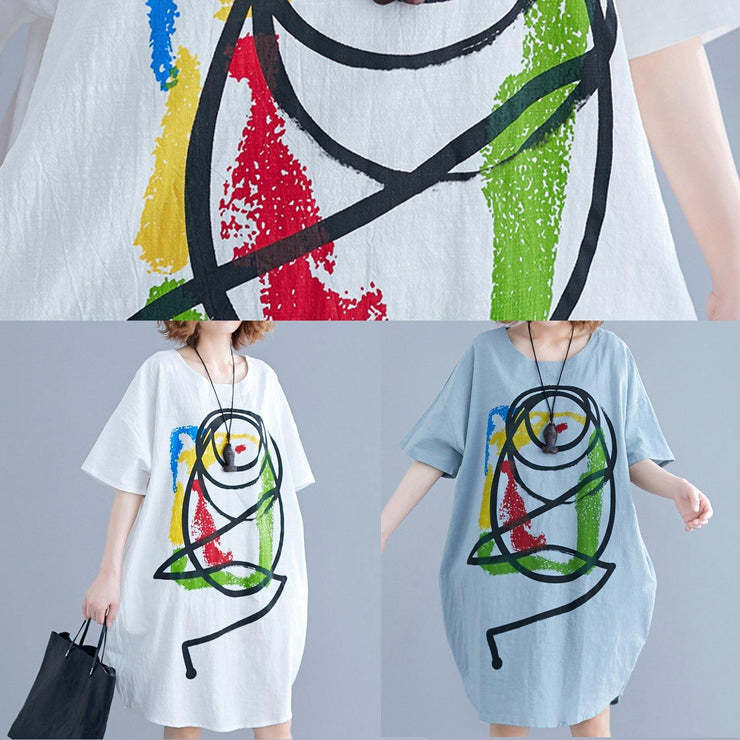 Vivid Cartoon print Cotton Tunics Tutorials white short sleeve Dress summer - SooLinen