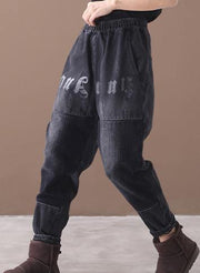 Vivid black Jeans women's elastic waist patchwork design women pants - SooLinen