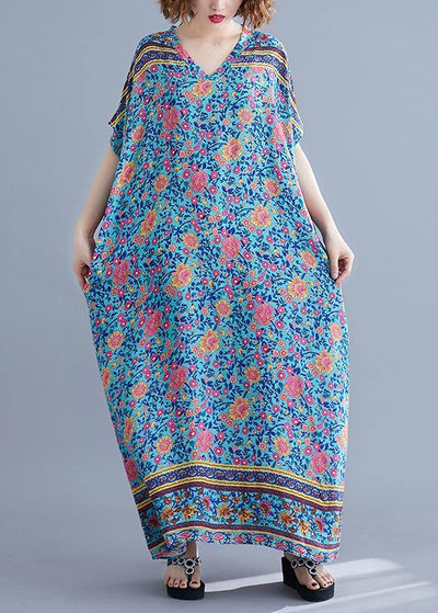 Vivid blue print Long v neck batwing sleeve Art summer Dress - SooLinen