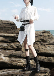 Vivid flare sleeve cotton ruffles Tunics Work white stand collar Art shirt Dress - SooLinen