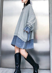 Vivid gray Cotton dress patchwork false two pieces Art Dress - SooLinen