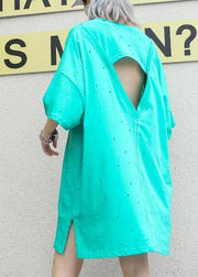 Vivid light green Cotton Long Shirts o neck back open Midi summer Dress - SooLinen