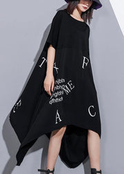 Vivid o neck asymmetric cotton tunics for women Inspiration black Maxi Dress summer - SooLinen