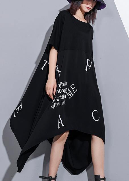 Vivid o neck asymmetric cotton tunics for women Inspiration black Maxi Dress summer - SooLinen