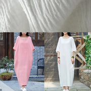 Vivid o neck half sleeve cotton linen quilting clothes Neckline pink Dress - SooLinen