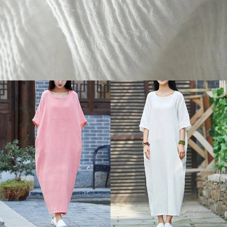 Vivid o neck half sleeve cotton linen quilting clothes Neckline pink Dress - SooLinen