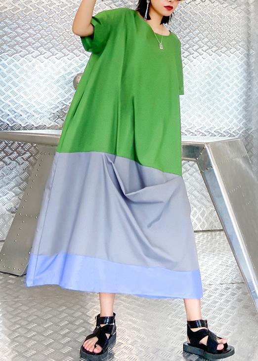 Vivid o neck patchwork summer tunic pattern linen green Plus Size  Dress - SooLinen
