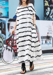 Vivid o neck pockets linen cotton dress Photography white striped Dresses summer - SooLinen