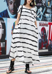 Vivid o neck pockets linen cotton dress Photography white striped Dresses summer - SooLinen