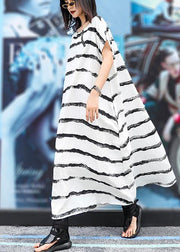 Vivid o neck pockets linen cotton dress Photography white striped Dresses summer - SooLinen