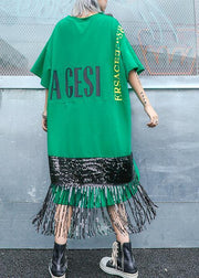 Vivid o neck tassel cotton clothes Women Sewing green print Plus Size Dress summer - SooLinen