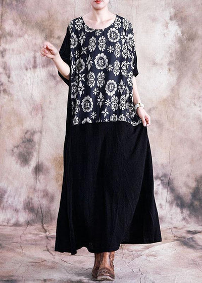 Vivid patchwork prints tunics for women Work black Plus Size Dress fall - SooLinen