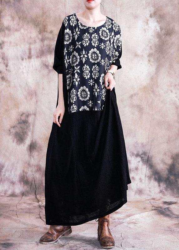 Vivid patchwork prints tunics for women Work black Plus Size Dress fall - SooLinen