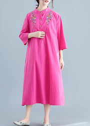 Vivid rose embroidery cotton clothes For Women stand collar pockets Maxi summer Dresses - SooLinen