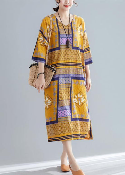 Vivid v neck side open cotton quilting dresses Tutorials yellow print long Dresses summer - SooLinen