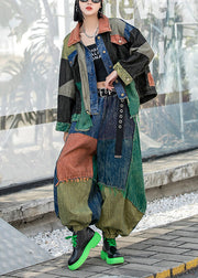 Vogue Colorblock Peter Pan Collar Button Patchwork Denim Coats And Harem Pants Two Pieces Set Long Sleeve