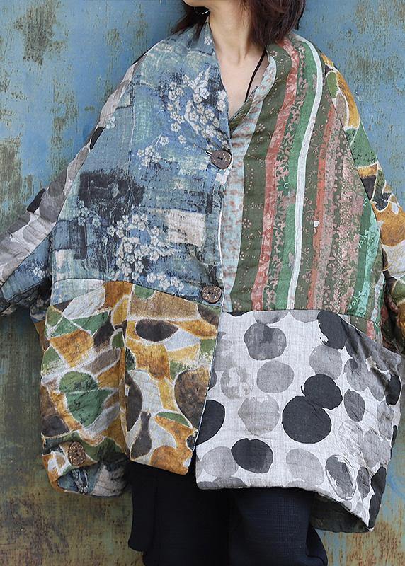 Warm Loose fitting Jackets & Coats patchwork outwear prints v neck winter outwear - SooLinen
