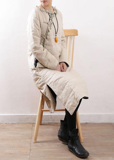 Warm beige coats casual snow jackets Chinese Button side open winter outwear - SooLinen