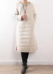 Warm beige coats casual snow jackets Chinese Button side open winter outwear - SooLinen
