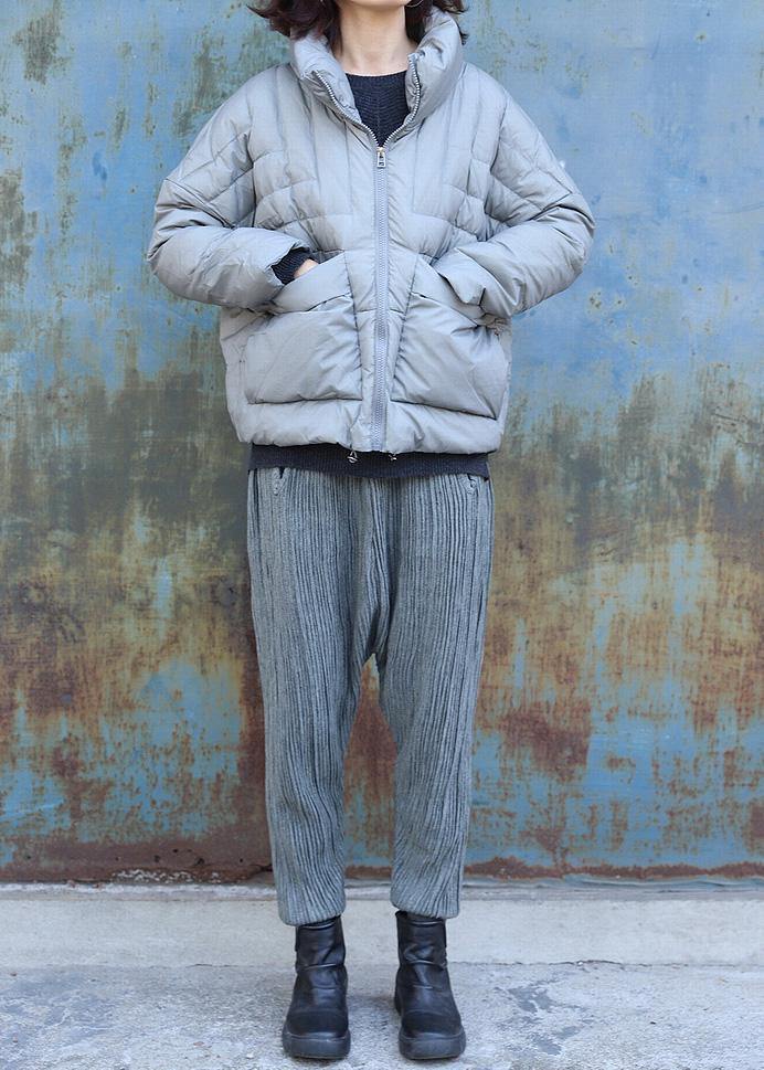 Warm gray overcoat plus size clothing winter jacket stand collar big pockets short winter outwear - SooLinen