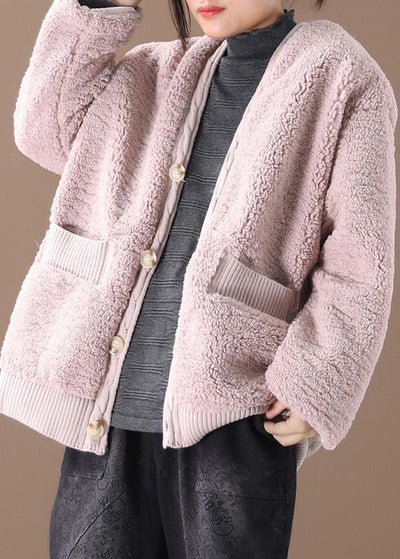 Warm oversized warm winter coat outwear pink v neck thick winter jacket - SooLinen