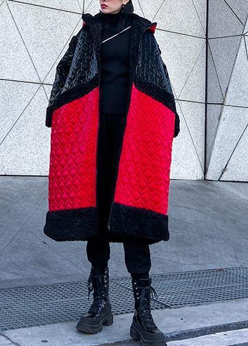 Warm plus size down jacket hooded coats red patchwork casual outfit - SooLinen