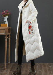 Warm plus size womens parka winter outwear beige embroidery hooded duck down coat - SooLinen