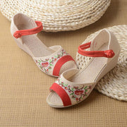 White Embroideried Sandals SplicingBuckle Strap Wedge Sandals - SooLinen