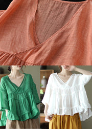White Patchwork Linen Shirt Top Ruffled Half Sleeve