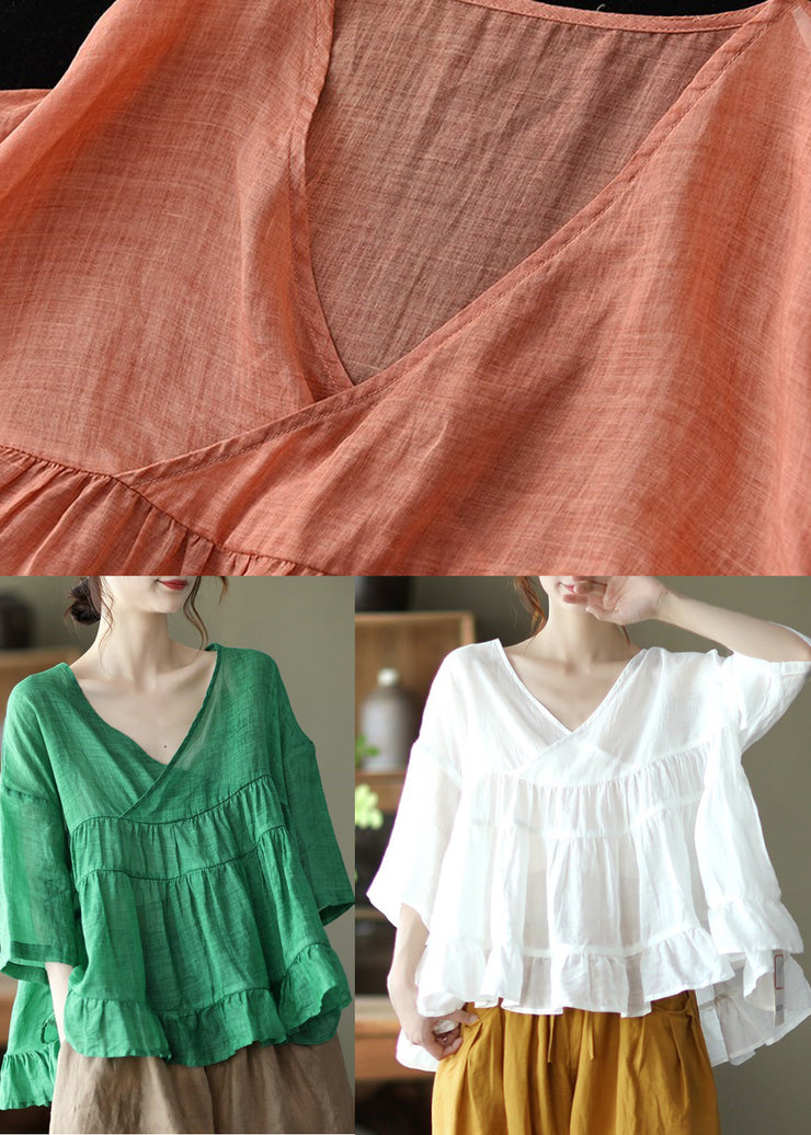 White Patchwork Linen Shirt Top Ruffled Half Sleeve