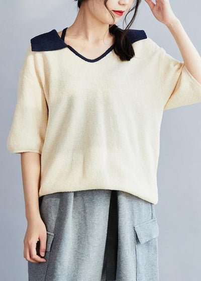 White cotton Crane Tops POLO Collar Oversized Patchwork tops - SooLinen