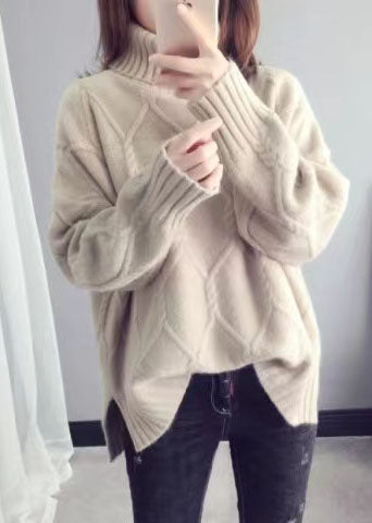 Orangefarbene Pullover-Oberteile mit Stehkragen, locker sitzende Frühlingsstrickwaren