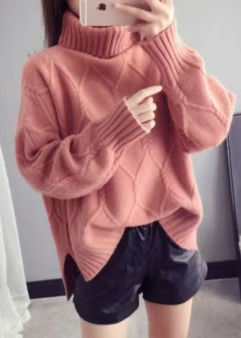 Orangefarbene Pullover-Oberteile mit Stehkragen, locker sitzende Frühlingsstrickwaren