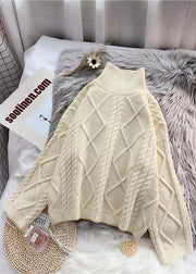 Winter beige crane tops high neck thick oversize knit sweat tops - SooLinen