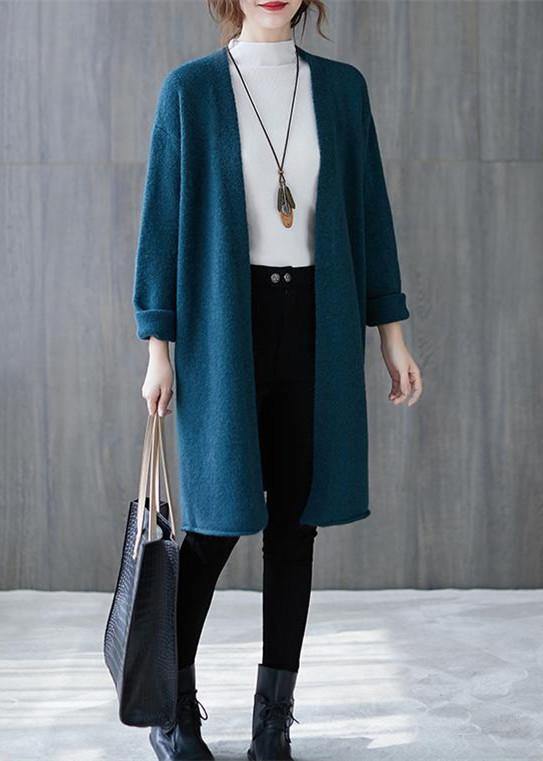 Winter blue knitted outwear plus size clothing fall v neck knitted coat - SooLinen