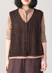 Winter chocolate knit coats trendy plus size sleeveless knitted coat back open - SooLinen