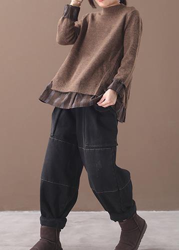Winter o neck chocolate knitwear trendy plus size false two pieces knitted t shirt - SooLinen