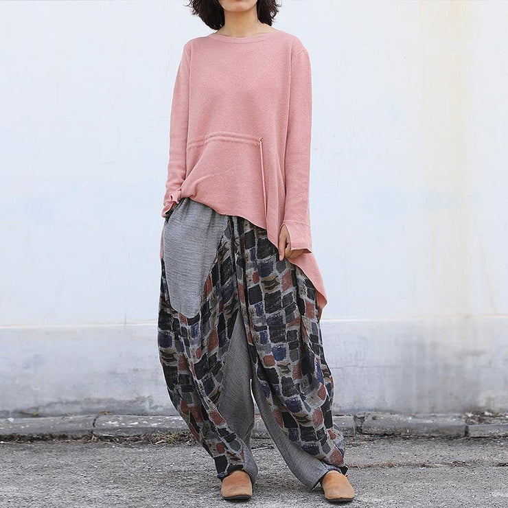 Winter o neck pink knitted blouse plus size clothing drawstring asymmetric top - SooLinen